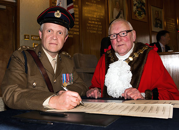 Photograph: Capt. Neal Archer from the Royal Engineers with the Mayor of Spelthorne, Cllr Tony Harman